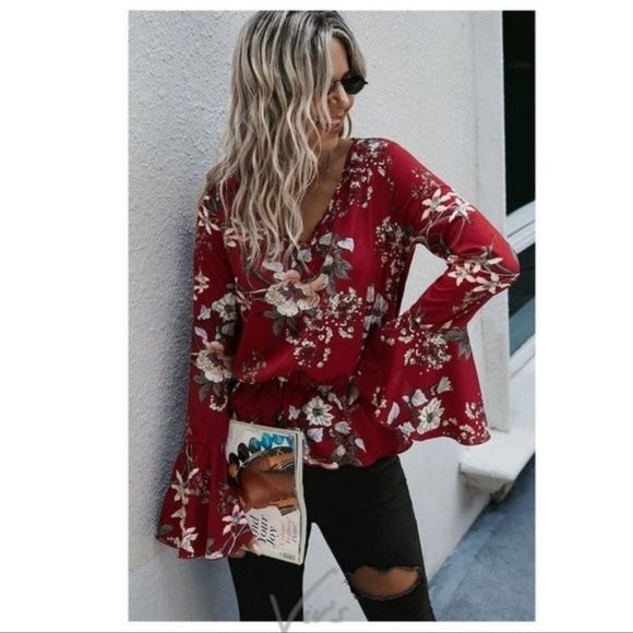 RED Floral Bell Sleeve V Neck - Picture 2 of 11